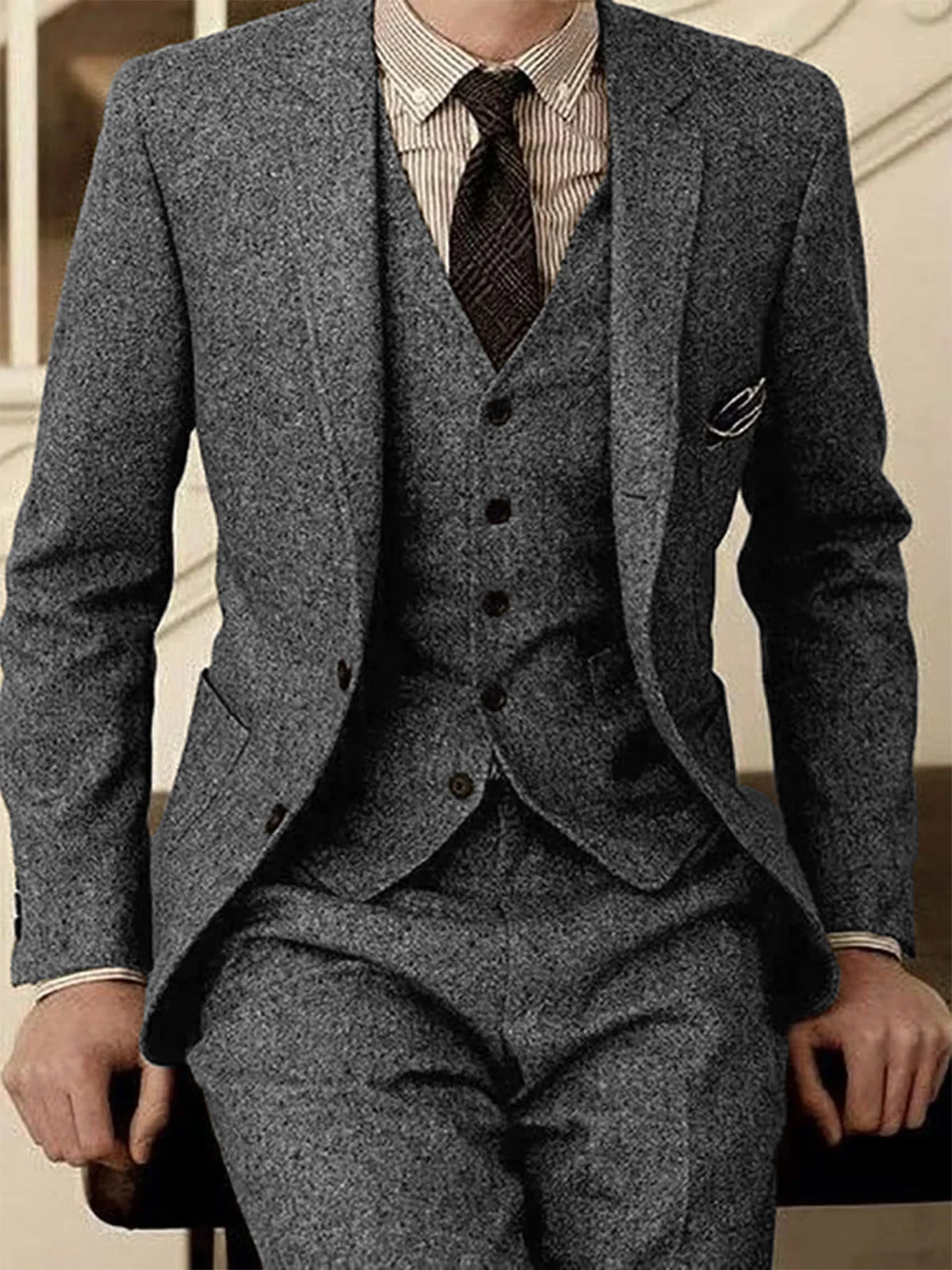 AnnieBritney Homespun Tweed Suits for Men Slim Fit Tuxedo Man Suit Set Casual Warm Blazers and Pants and Vest