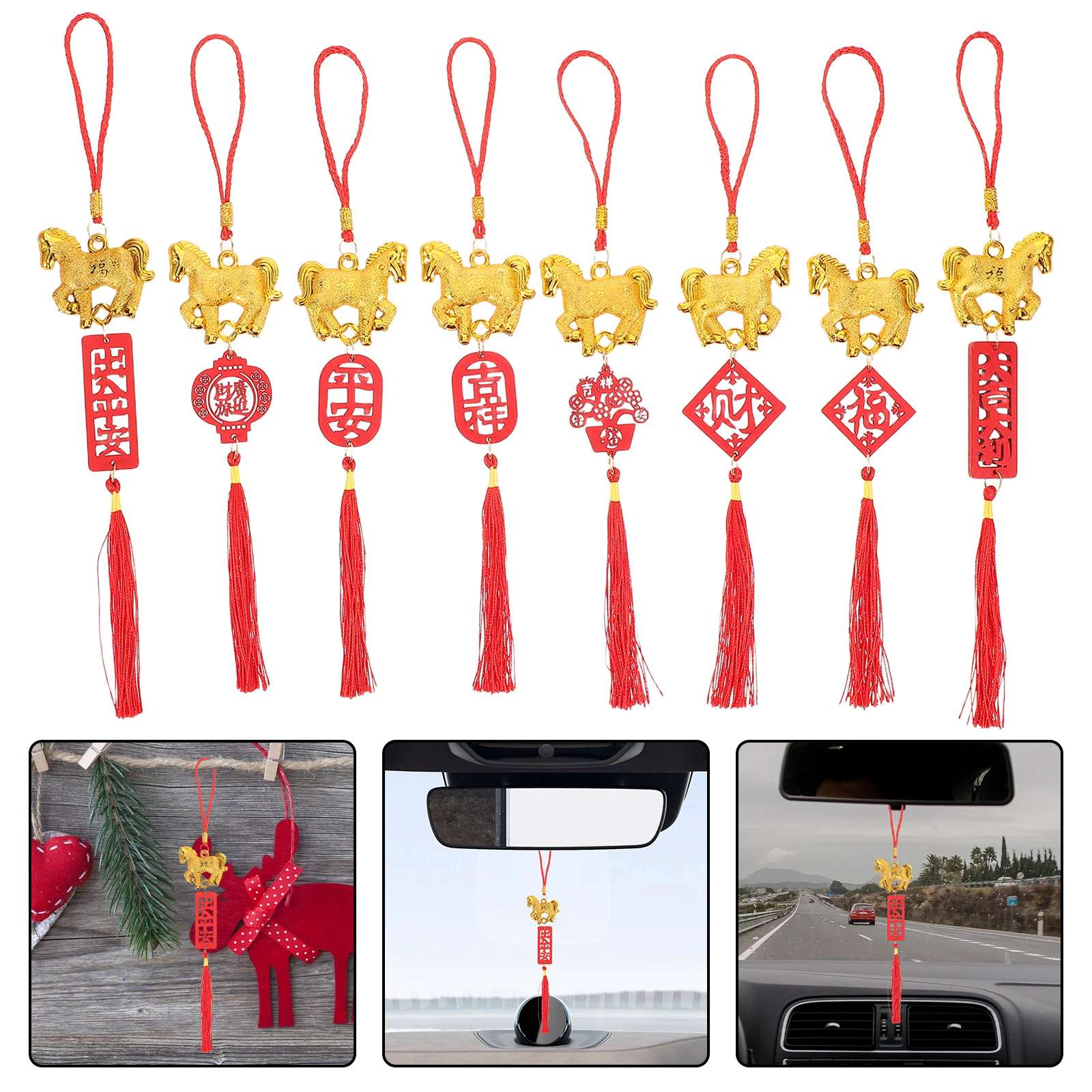 

8Pcs Horse Pendant Hanging Ornaments Elegant Wooden Chinese New Year Decorations Indoor Outdoor Spring Festival Home Office