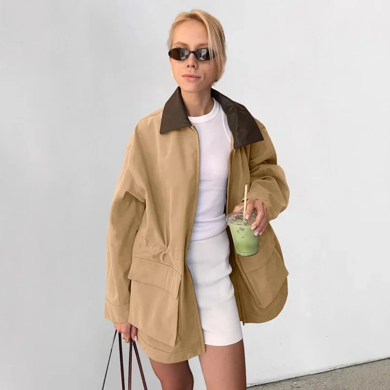 Contrast Lapel Trench Jacket For Women Casual Loose Fit Zip Up Style With Drawstring Waist Functional Pockets Urban Chic Look