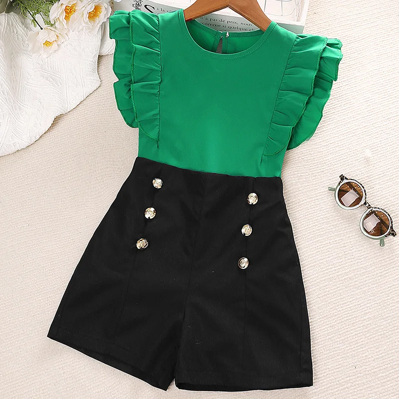 4-12Y Girls' Summer Set Round Neck Large Flutter Sleeve Solid Color Top And Metal Button Decorative Shorts Polyester Comfortable