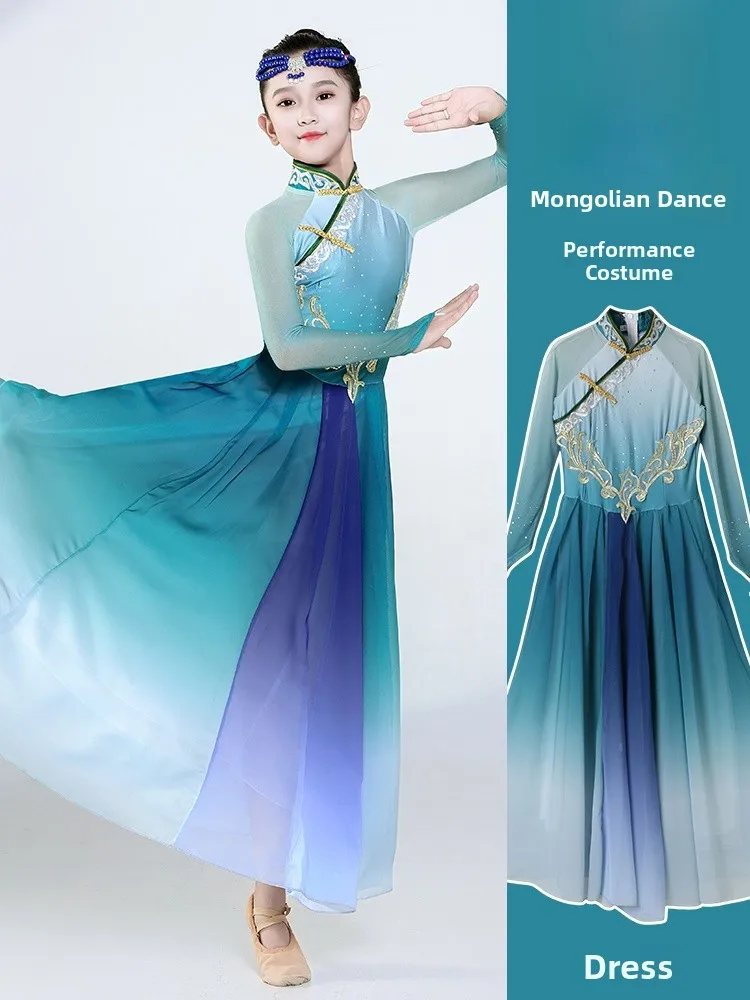 

Mongolian Children's Dance Performance Costume White Robe Ethnic Minori Girls' Traditional Clothing Stage Performance...