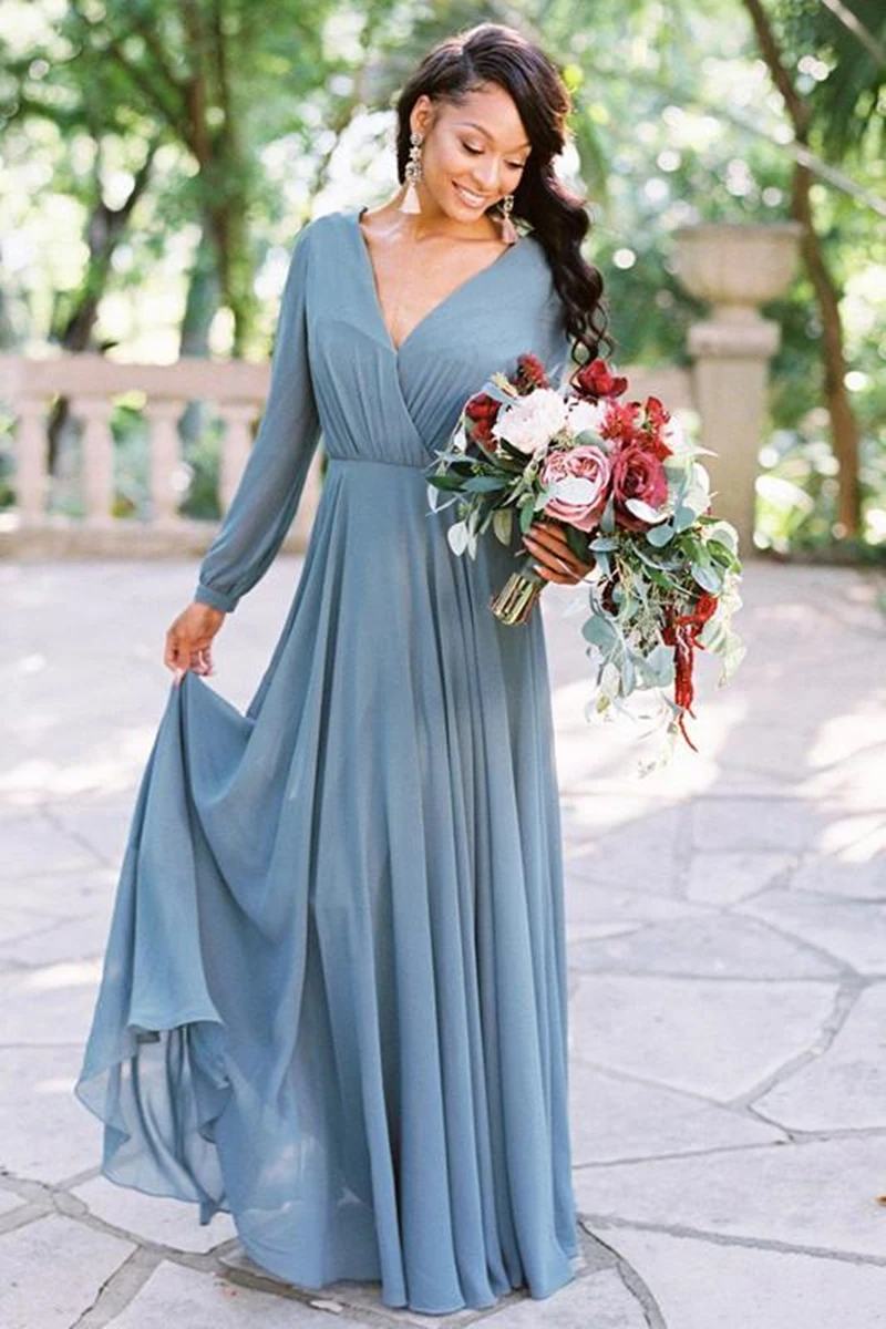 Boho V Neck Bridesmaid Dress Long Sleeves Ruched Floor Length Evening Gown Chiffon robes de soirée vestidos elegantes para mujer