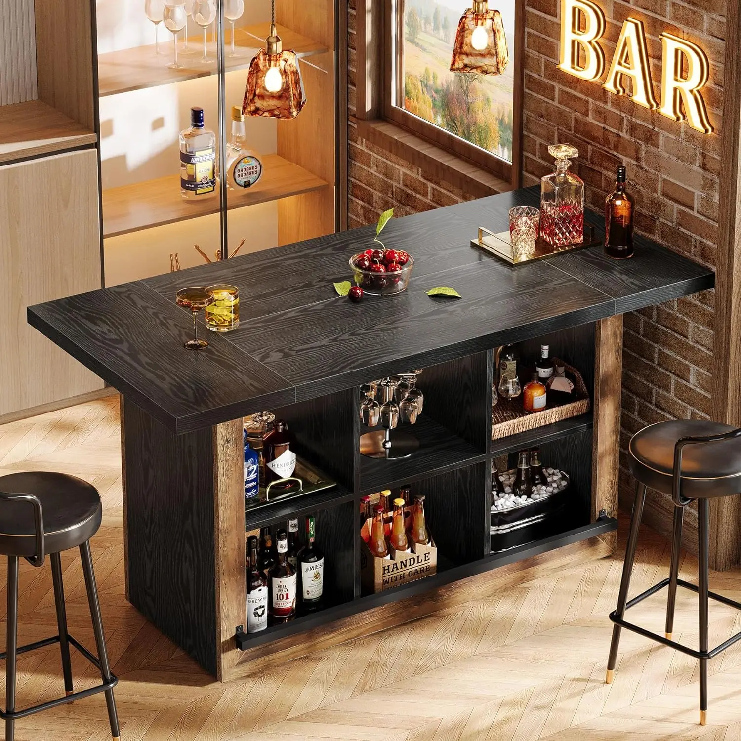 Bar Table with Storage, 62.6" Rectangular Home Bar Cabinet Unit with 6 Spacious Cubbies and Metal Footrests, Large Counter Heigh