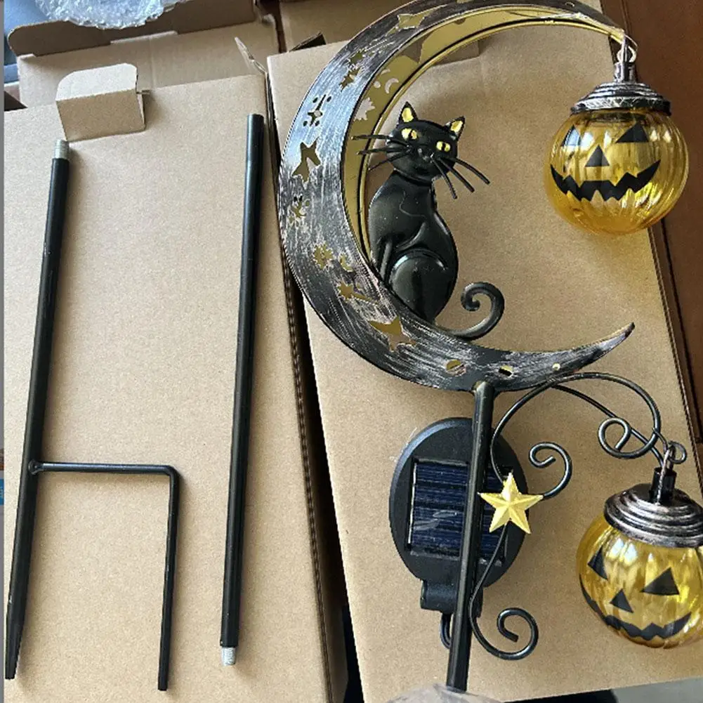 Halloween Outdoor Garden Stake Light, Rustproof Metal Moon Black Cat Pumpkin Lantern, Yard Path Decor Lamp for Holiday Decor view 5