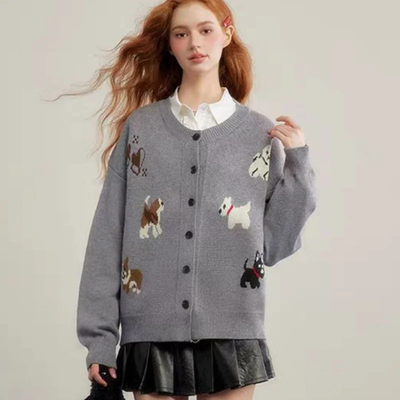 Casual Sweet Cartoon Cute Dog Y2K Knit Coat Women Straight Sweater New O-Neck Grey Trendy All-Match Cardigan Elegant Chic Coat