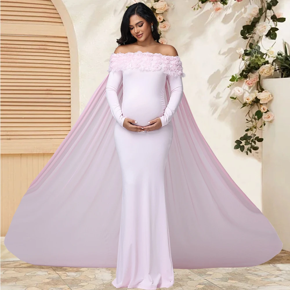Maternity Women's Appliques Off Shoulder Long Sleeves Photography Dress Mesh Cloak Maxi Gown for Photoshoot Baby Shower view 3
