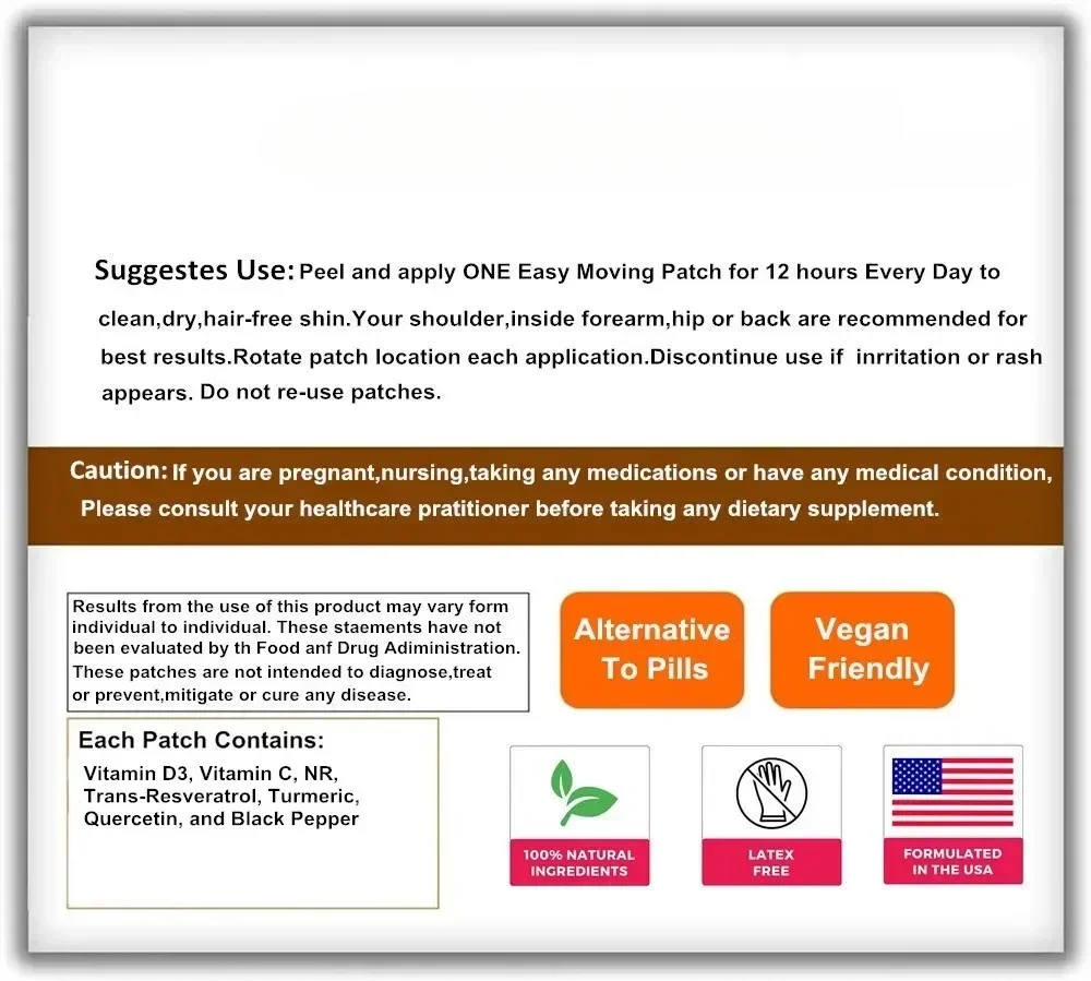 30 Patches Nad + Boosting Transdermal Patches with+ Resveratrol Turmeric + Quercetin - Cellular Repair, Healthy Aging