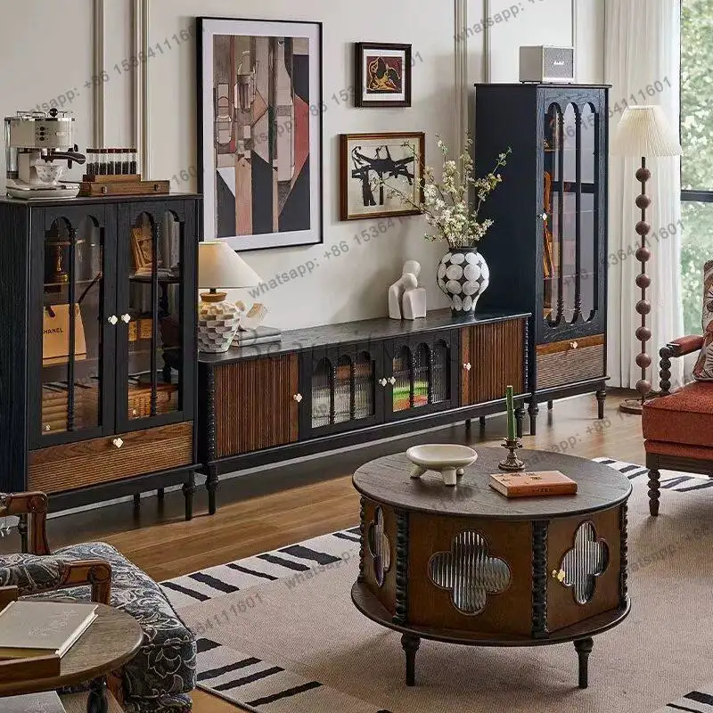 American retro solid wood TV cabinet French antique living room audio-visual cabinet