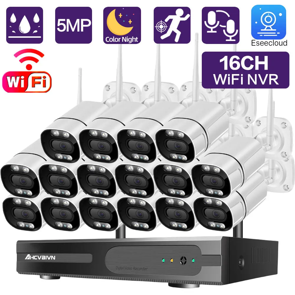 

16CH 5MP WiFi Bullet Camera Kit Color night vision Human Detection Outdoor Security Cameras 8CH NVR Video Surveillance System