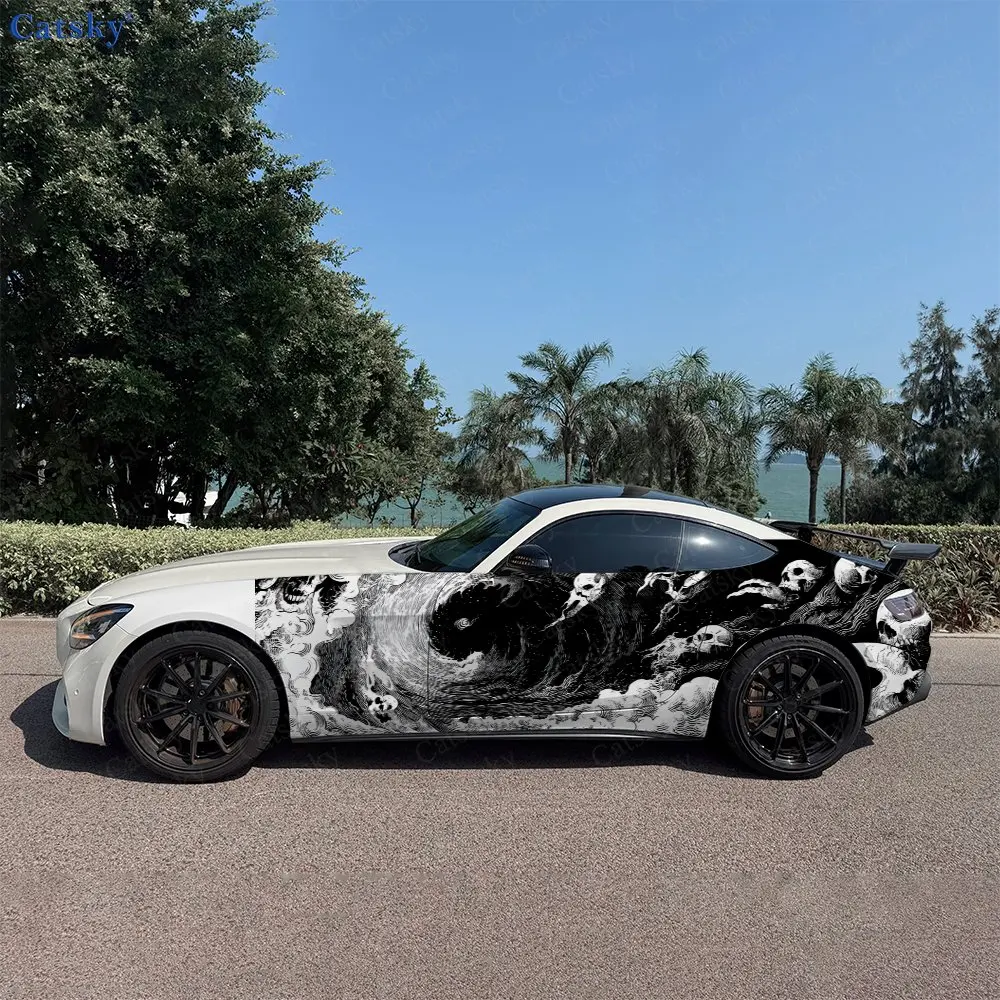 2pcs Netherworld Skull Wave Car Side Wraps, Self-Adhesive PVC Waterproof & Scratch-Resistant Stickers, Car Accessory Gift