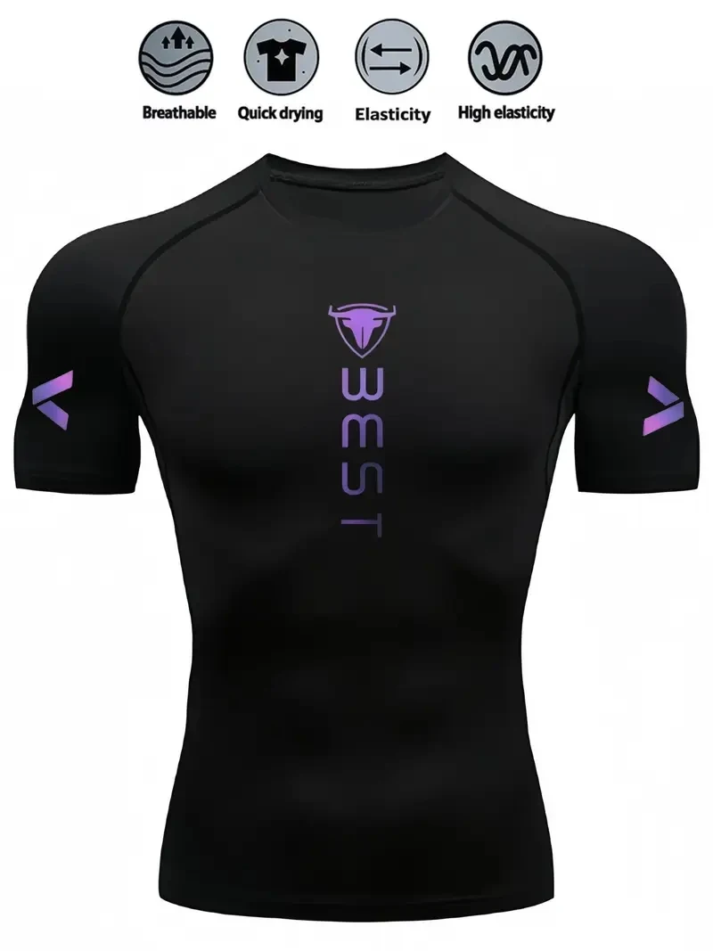 

2026 men's fitness printed tight fitting shirt, quick drying T-shirt, gym running suit, breathable short sleeved shirt, spring,