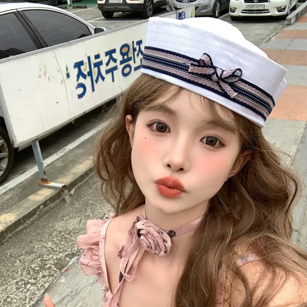 Sailor Suit Bowknot Lace Dome Beret Round Solid Color Flip Eaves Hat Japanese Style Cute Women's Navy Caps Girl