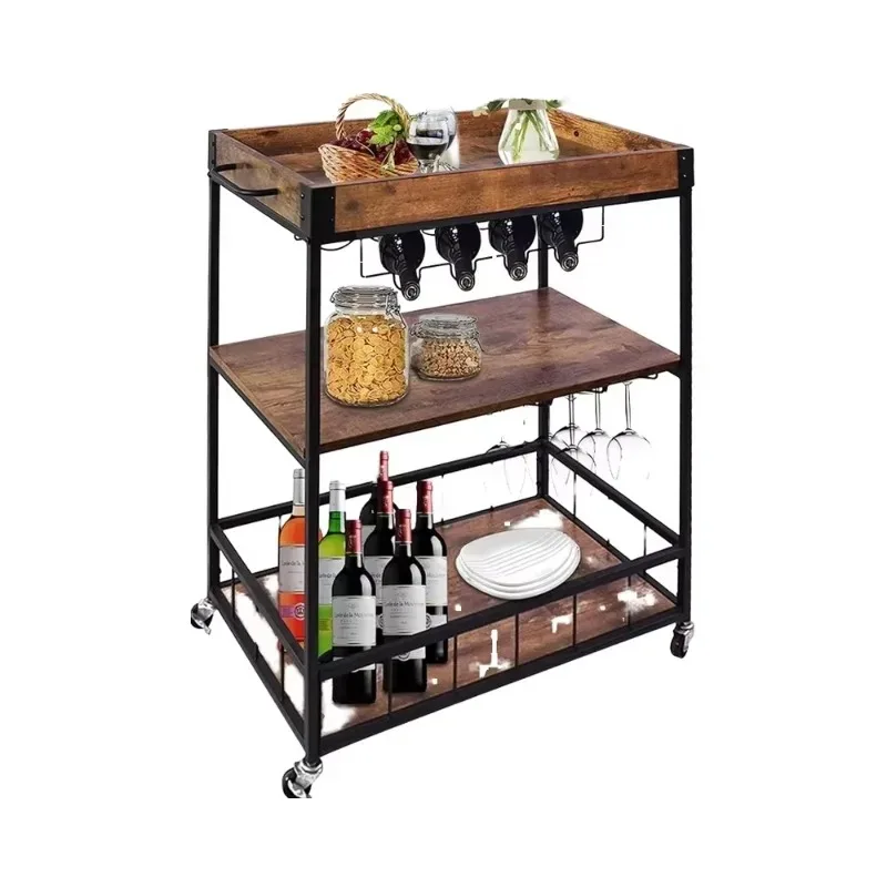 Customized Mobile Kitchen Island  with Wheels 3 Tier Kitchen Cart with Wine Rack and Glass Holder Serving Trolley Cart 카트