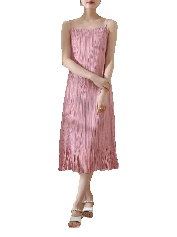 

Miyake Pleated Fringed Halter Dress 2025 Summer Pleated Casual Holiday Dress Fold Fashion New Skirt Party Sling Clothing
