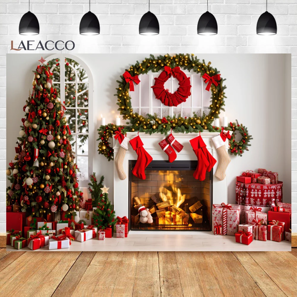 Winter Christmas Fireplace Photography Backdrop Xmas Tree Gift Wreath Living Room Decor Family Portrait Photography Background