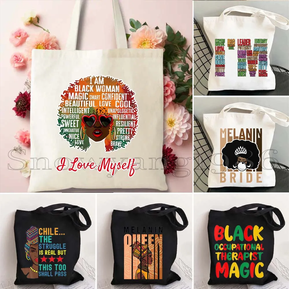 

Melanin Poppin Afro Queen Black History Gift African American Pride Women Handbag Shoulder Shopper Canvas Tote Female Luxury Bag