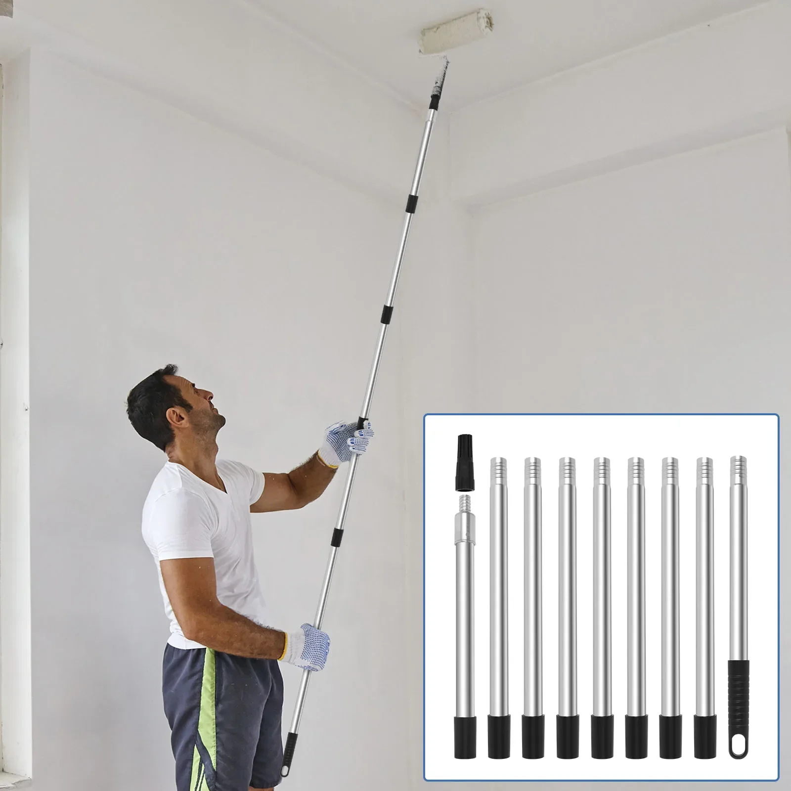 

10.83ft Paint Roller Extension Pole with Tapered Adapter 9 Segmented Lightweight Stainless Steel Extension Pole for Painting and