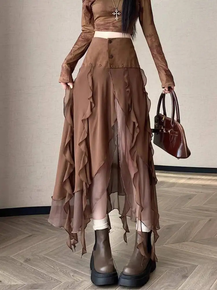 

Maillard Wasteland Style Autumn Skirt For Women Suede High Waisted Asymmetrical Tulle A Line Midi Skirt