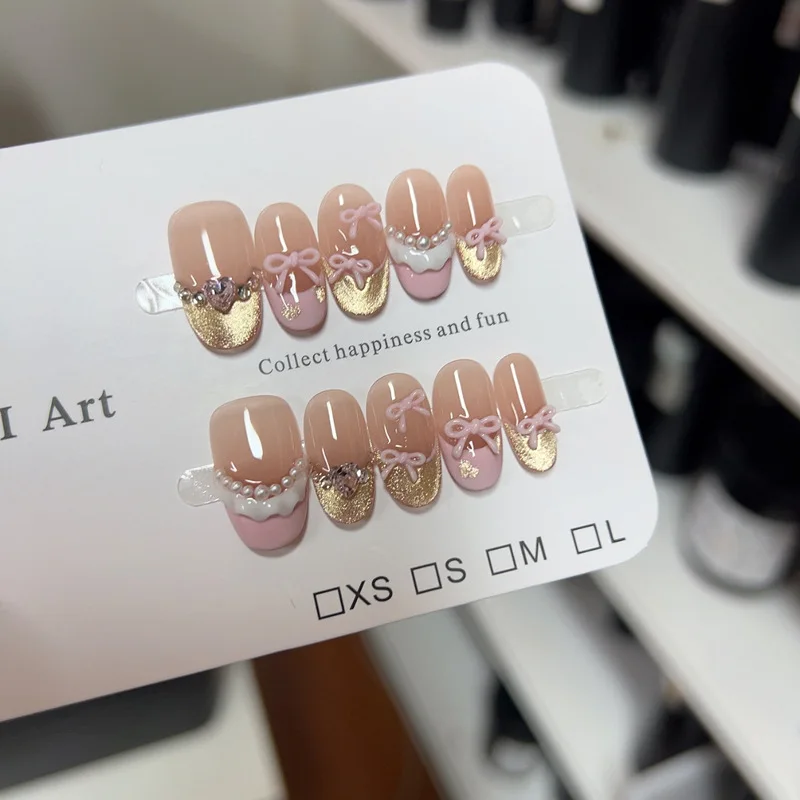 

10PCS Sweet Pink Cat Eye French Handmade Press on Nails 3D Bowknot Pearl Glossy Short Oval Wearable Fake Nails for Loving Girls