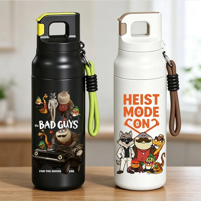 580ml The Bad Guys Stainless Steel Vacuum Thermos, Cartoon Insulated Water Bottle with Hand Strap, Leakproof Keep Hot and Cold