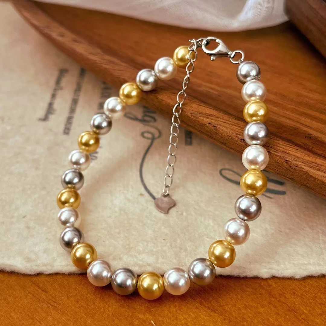 

New Vintage Maillard Style Shijia Mixed Color Warm Gold 8mm Shell Pearl Mixed Color Bracelet 925 Silver