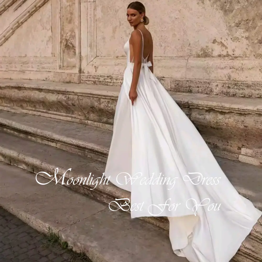 Modern Pleat Bow V-Neck A- Line Wedding Dress 2026 Sleeveless Spaghetti Straps Backless Bridal Gown Vestidos De Novia Customized image 2