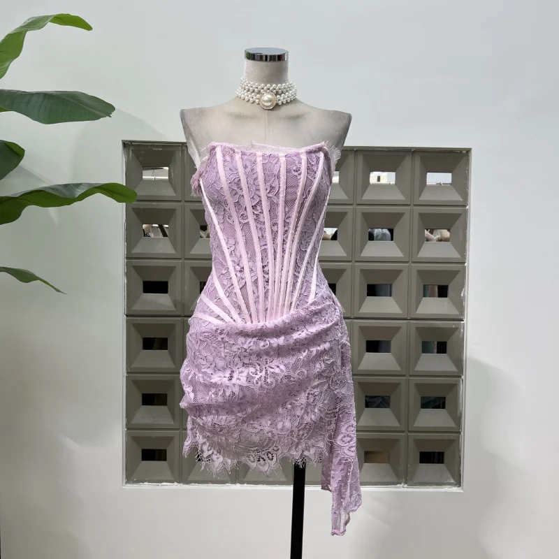 

Lace Fishbone Taro Purple Slim Tie Waist Bodycon Ultra Short Strapless Backless Dress for Spring