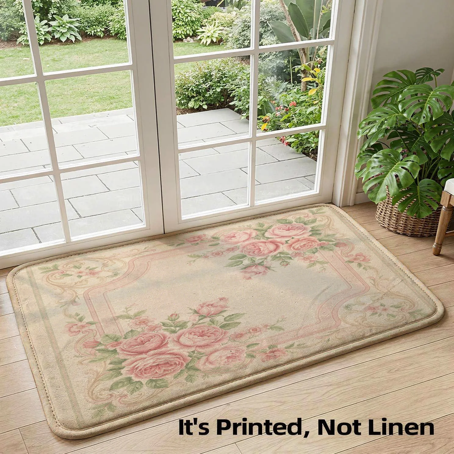Elegant Floral Rose Pattern Area Rug Runner Beige Cottage Style Indoor Outdoor Mat for Living Room Hallway Home Decor Gift