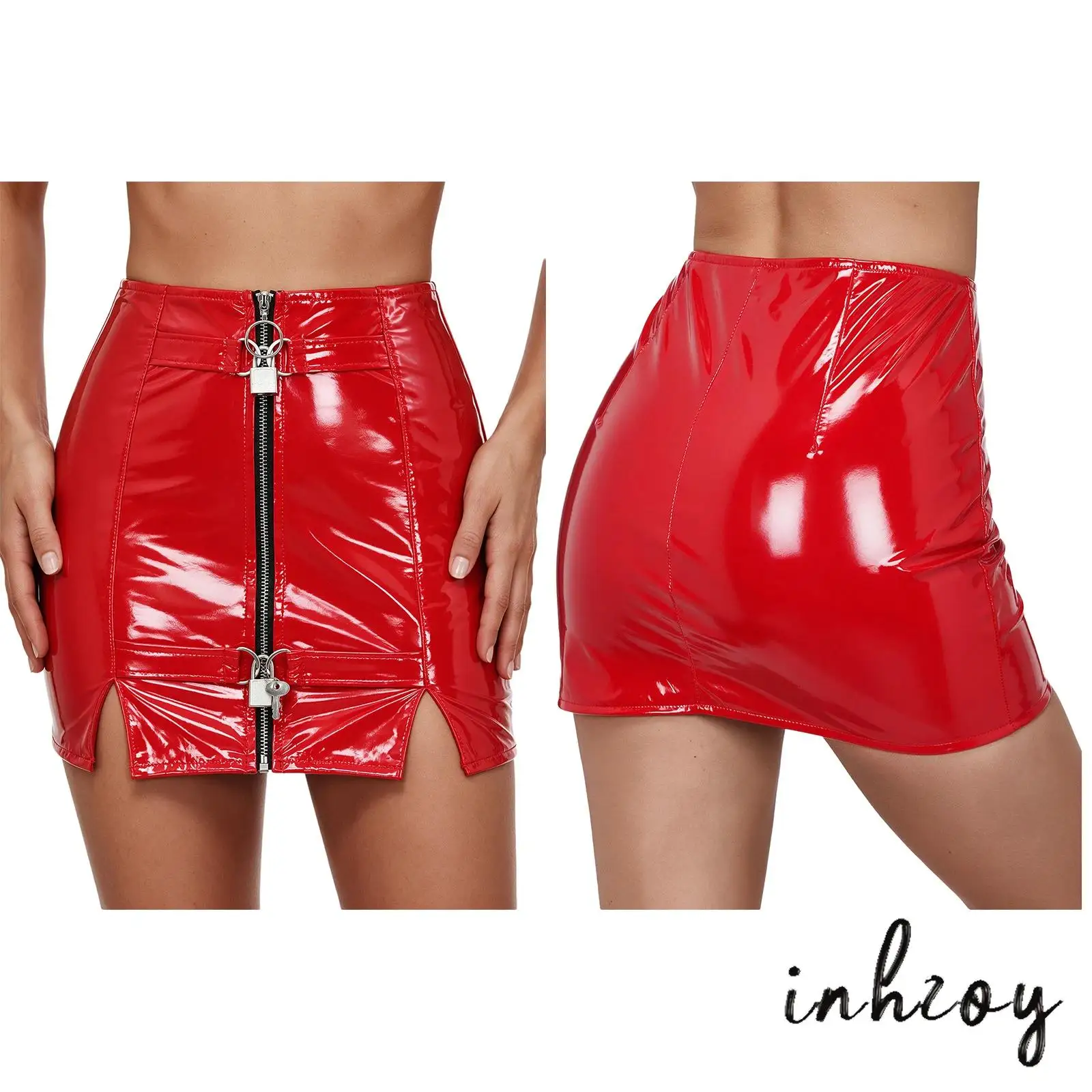 Women Lingerie Party Patent Leather Skirt Glossy Zipper Front Side Slit Miniskirt with Locks for Rave Disco Club Bedroom Night