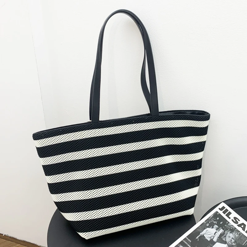 

Mesh Stripe Tote Bags For Women Luxury Designer Handbag And Purse 2024 New In Large Capacity With Inner Pocket Underarm Shoulder