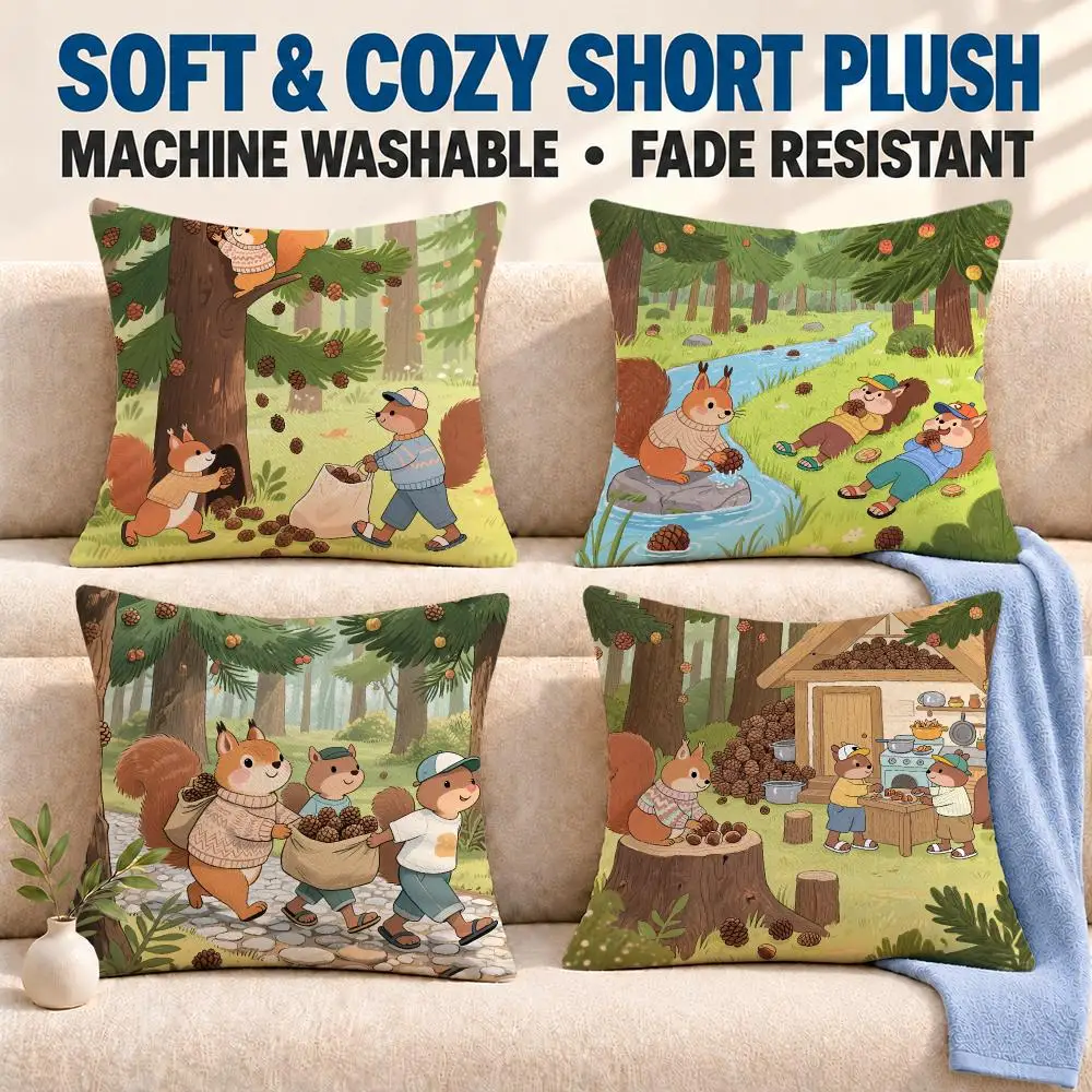 art Cute Squirrel Cushion Cover Soft Washable Pillowcase Cushion Cover for Sofa Bed Car Travel Office Home Decor