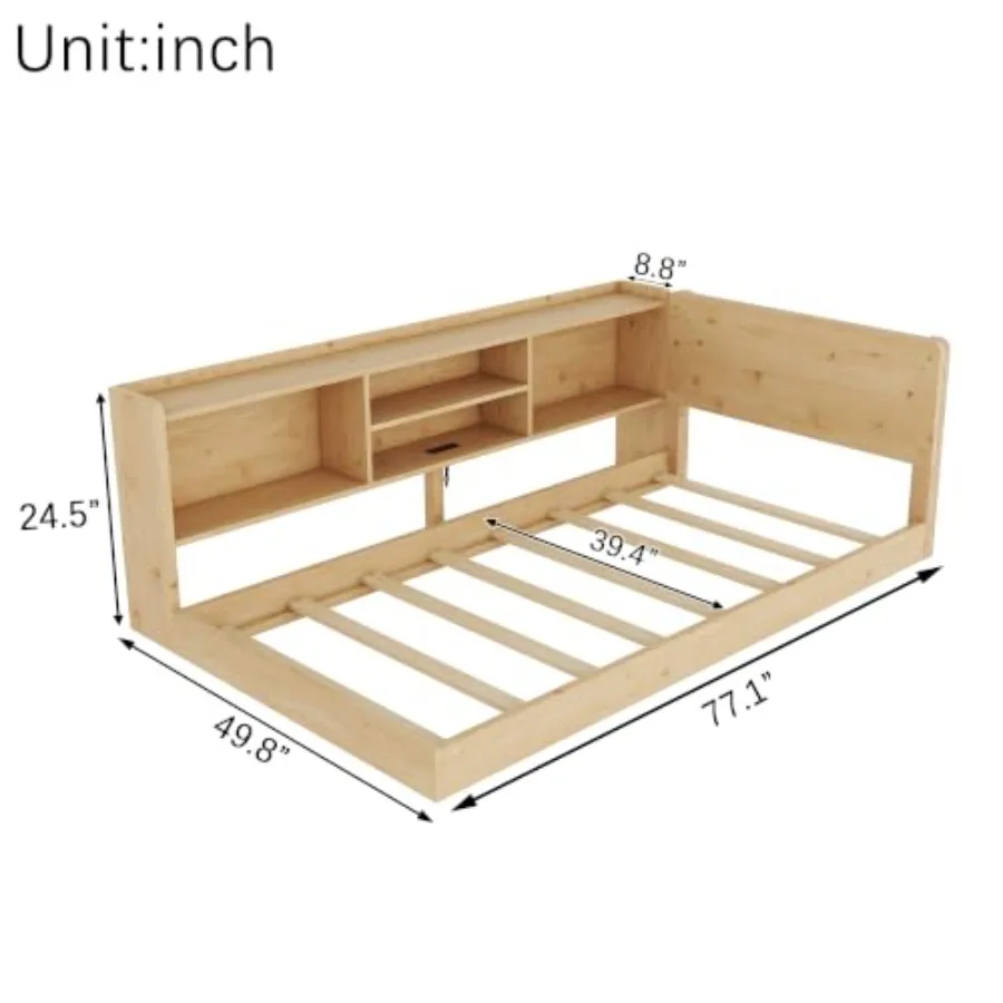 Size Corner Bed Frame with Storage Shelves, Bookcase and Headboard, L-Shaped Daybed Frame Wood Platform Bed with Charging Stati