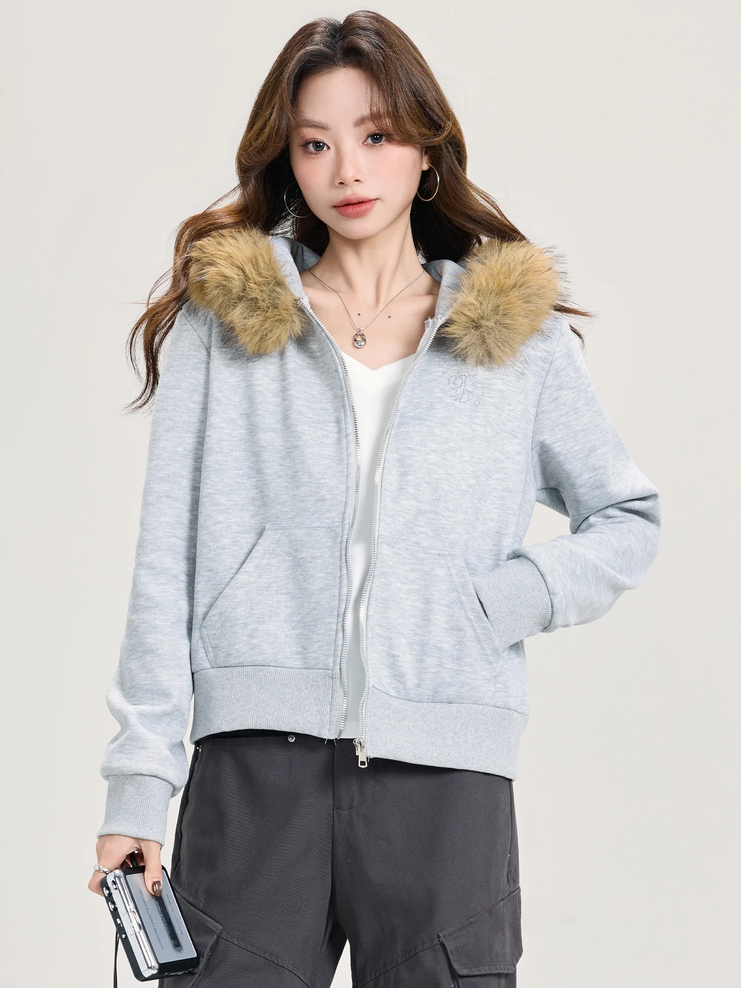

Mii Xiaoke Women's Hooded Sweatirt ort Thiened Fur Collar Loose Fit Slimming Autumn Winter Coat Sweet Sle Zipper Closure