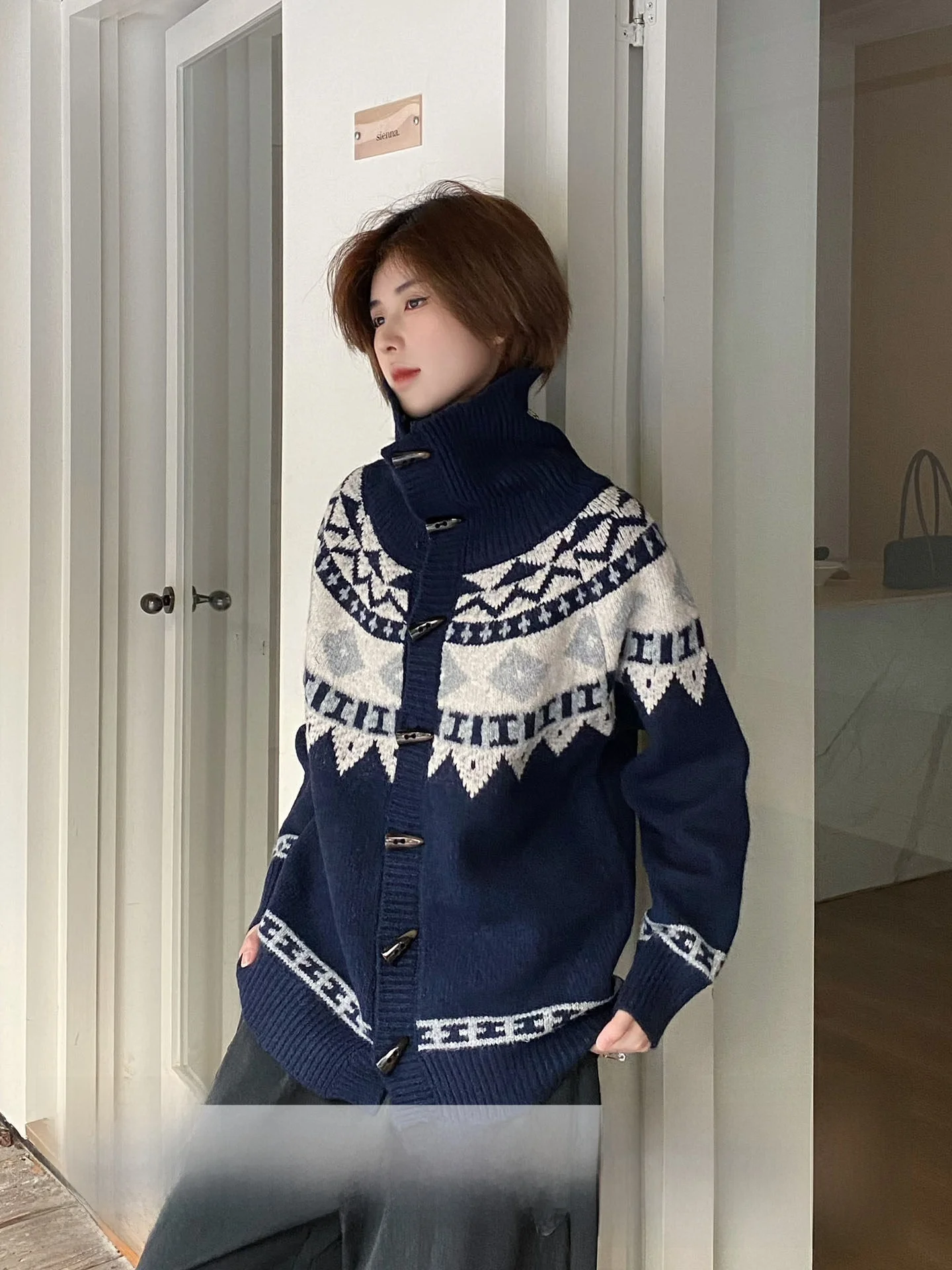 

High Collar Knitted Sweater Ja1 Fair Isle Texture Loose Fit Male Model Winter Season Long Sleeve Cardigan Polyester Blend