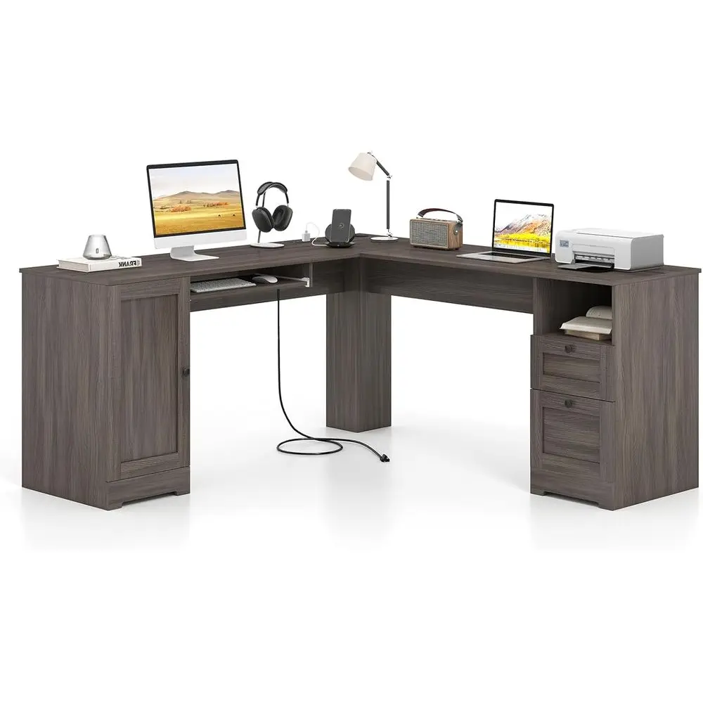 

Просторный Г-образный стол из серого дуба с местом для хранения, зарядкой и регулируемой полкой для домашнего офиса