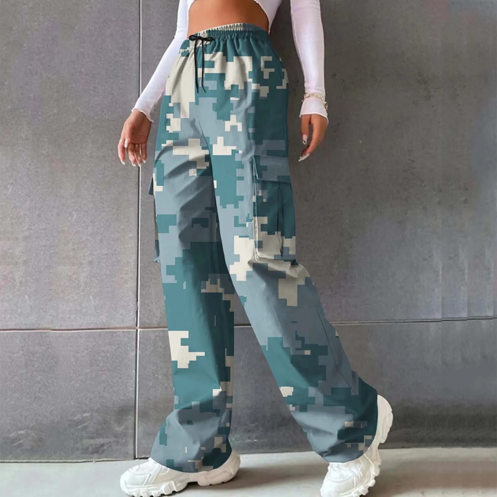 Women's Casual Print Sweatshirt Strappy Hem Trousers Pocket Wide Leg Pants Pant for Women Casual Summer