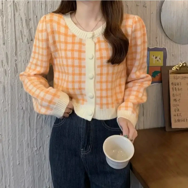 Autumn Winter Sweet Plaid Print Single-breasted Cropped Sweater Korean Slim Long Sleeves Kawaii Pink Sweater New Knitted Sweater