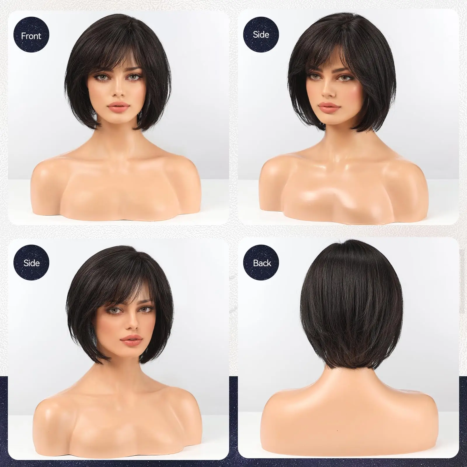 Natural Black Remy Human Hair Toppers Silk Base Hairpieces 4 Clips in Hair with Bangs 10 Inches Hair Topper Extensions for Women