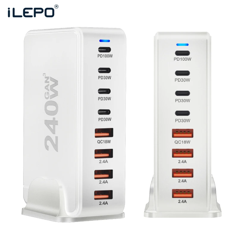 

240W Desktop Charging Station 4 USB Type C USB Type A Charger 8 Ports For iPhone15 PD Fast Charger For Laptop Tablet