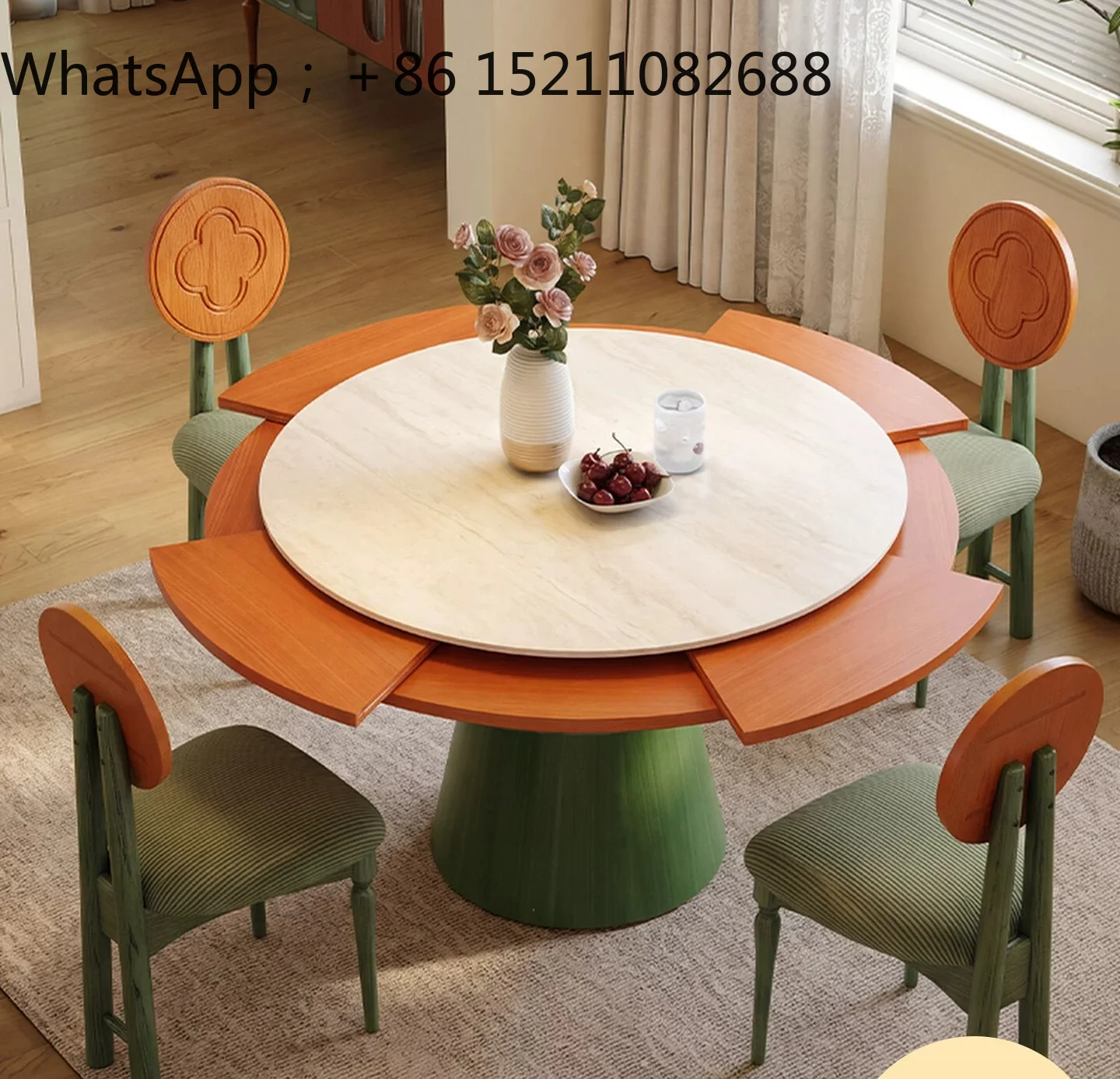 SCY rotating retractable dining table medium antique rock slab dining table small circle becomes large round dining table