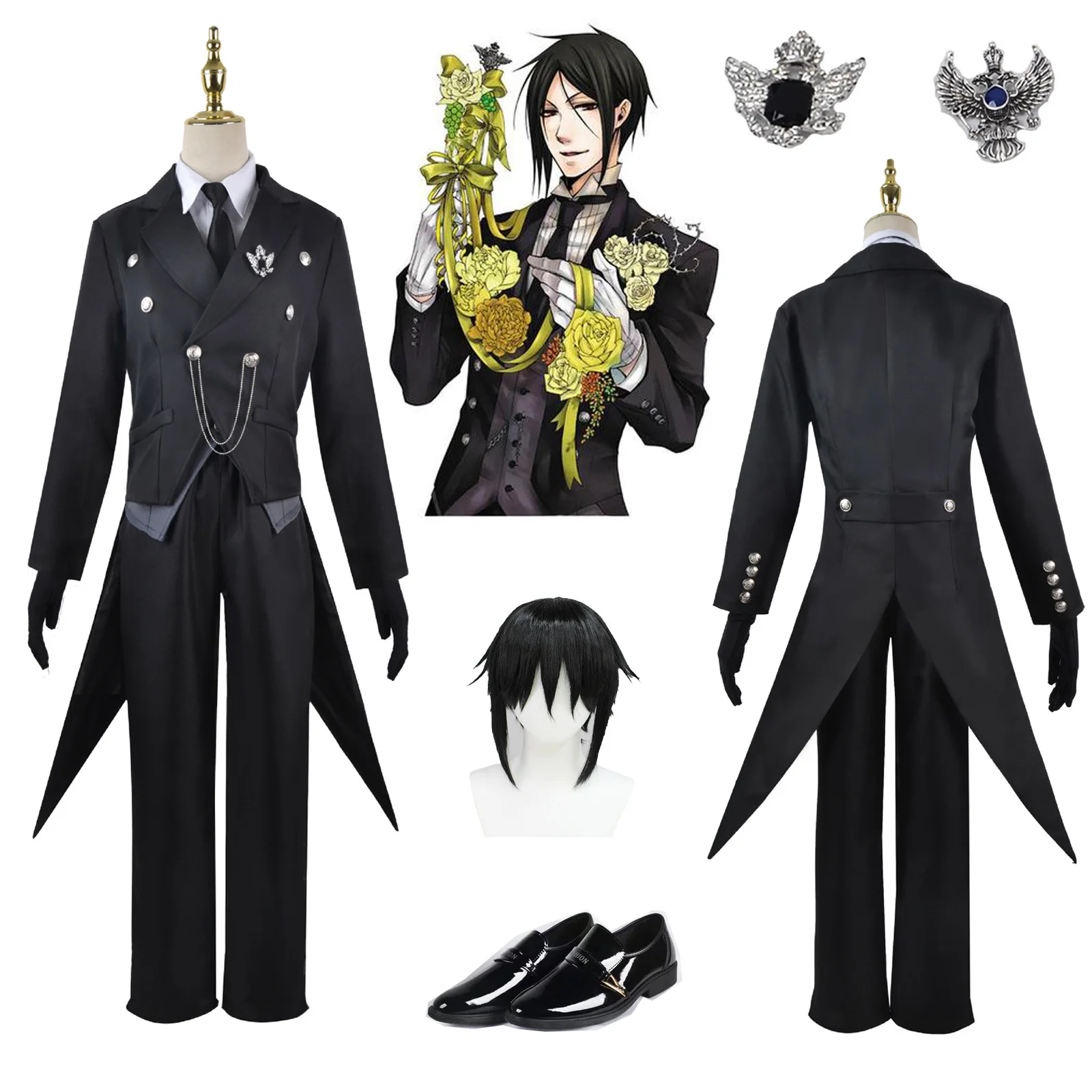 Anime Blac Butler Sebastian Michaelis Role Cosplay Costume Unisex Uniform Suits with Coat Shirt Wig Halloween Party Comic Con