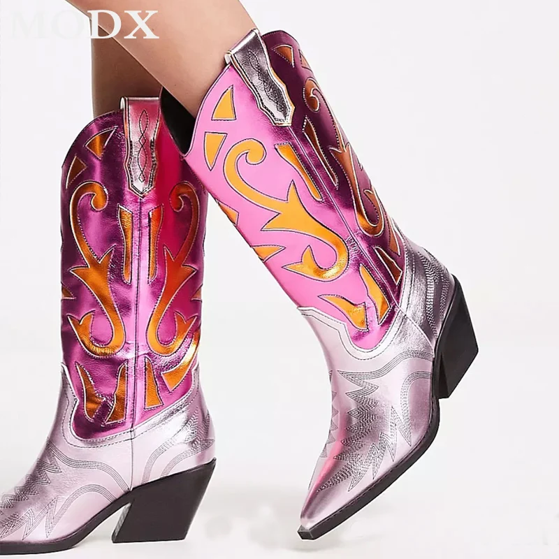 Embroidered Retro Boots Pointed Toe Chunky Heel Slip-on Mixed Color Knee-high Boots Fashion Patchwork Western Cowboy Boots Women