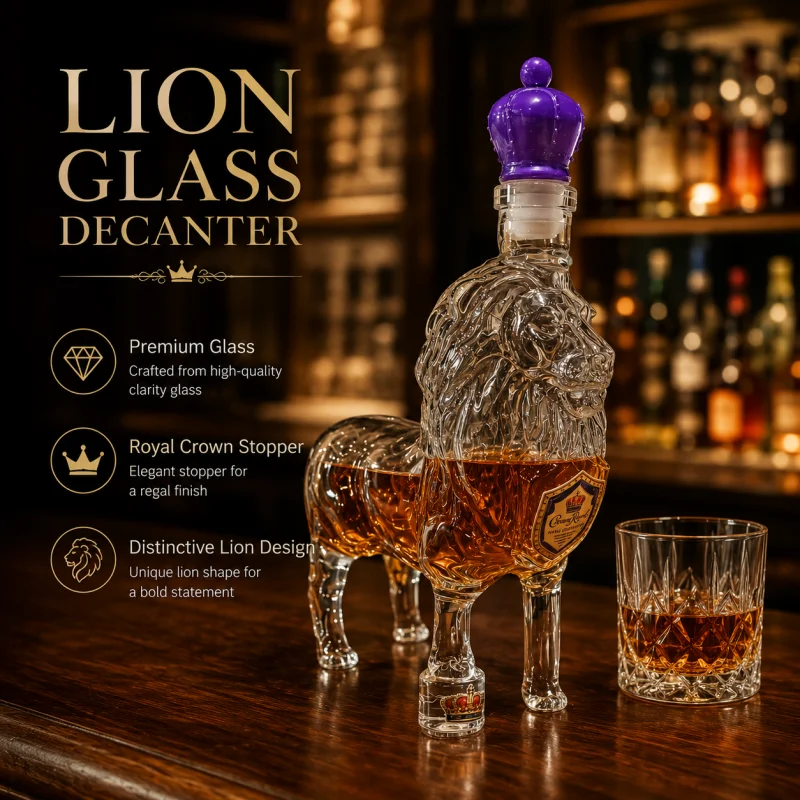 Lion Shape Glass Decanter with Purple Crown Stopper Creative Whiskey Liquor Bottle Home Bar Display Ornament Gift