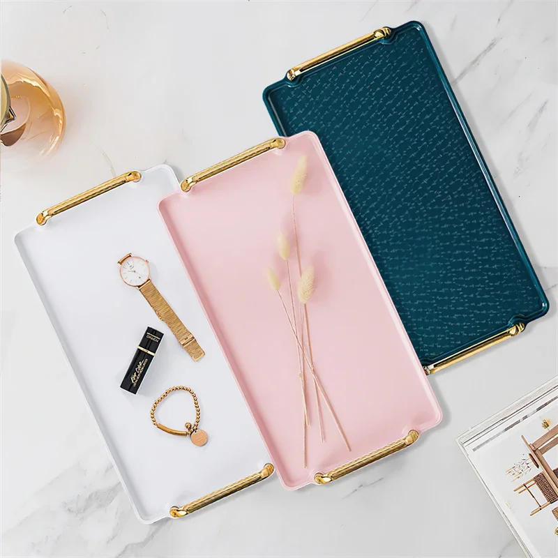 Nordic Plastic Pallets Rectangular Household Tea Cup Jewelry Food Storage Tray Hotel Service Tray Decoration with Handle