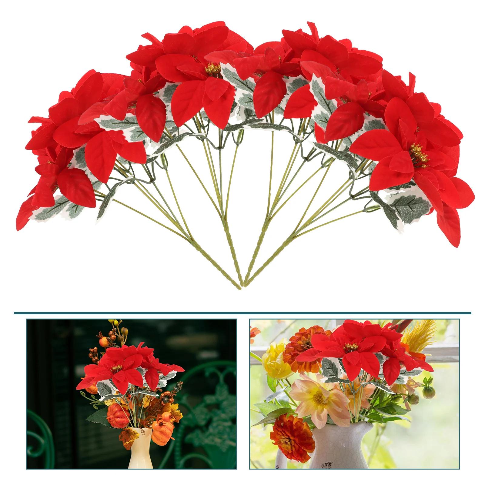 

4 Pcs Christmas Artificial Flowers Centerpiece Table Decorations Green Plants Poinsettias Cloth for Home
