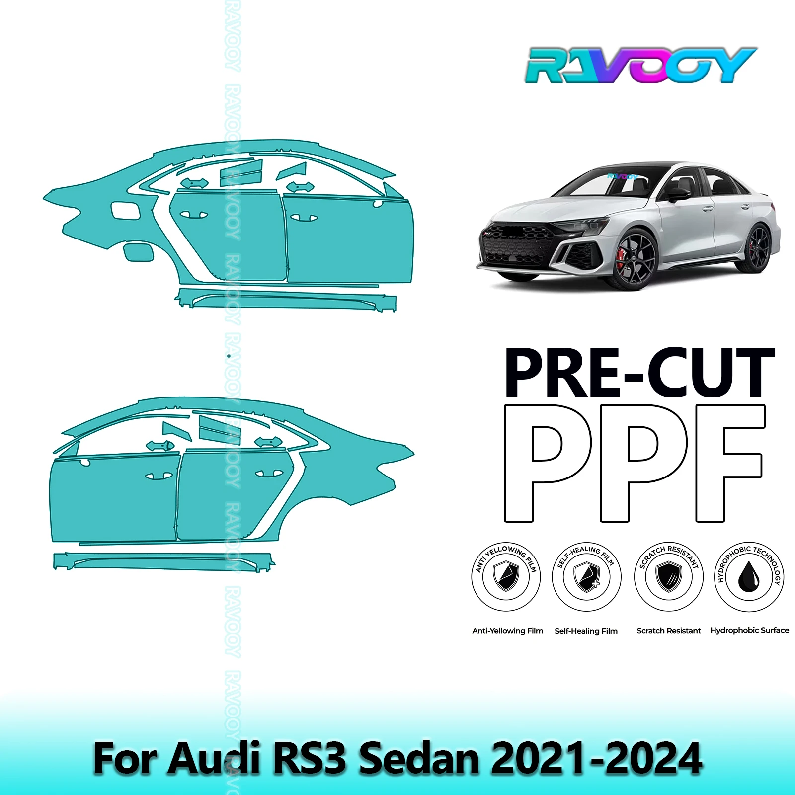 

For Audi RS3 Sedan 2021-2024 8.5mil Clear Matte Pre-Cut PPF Door & A/B Pillar Kit TPU Paint Protection Film Set