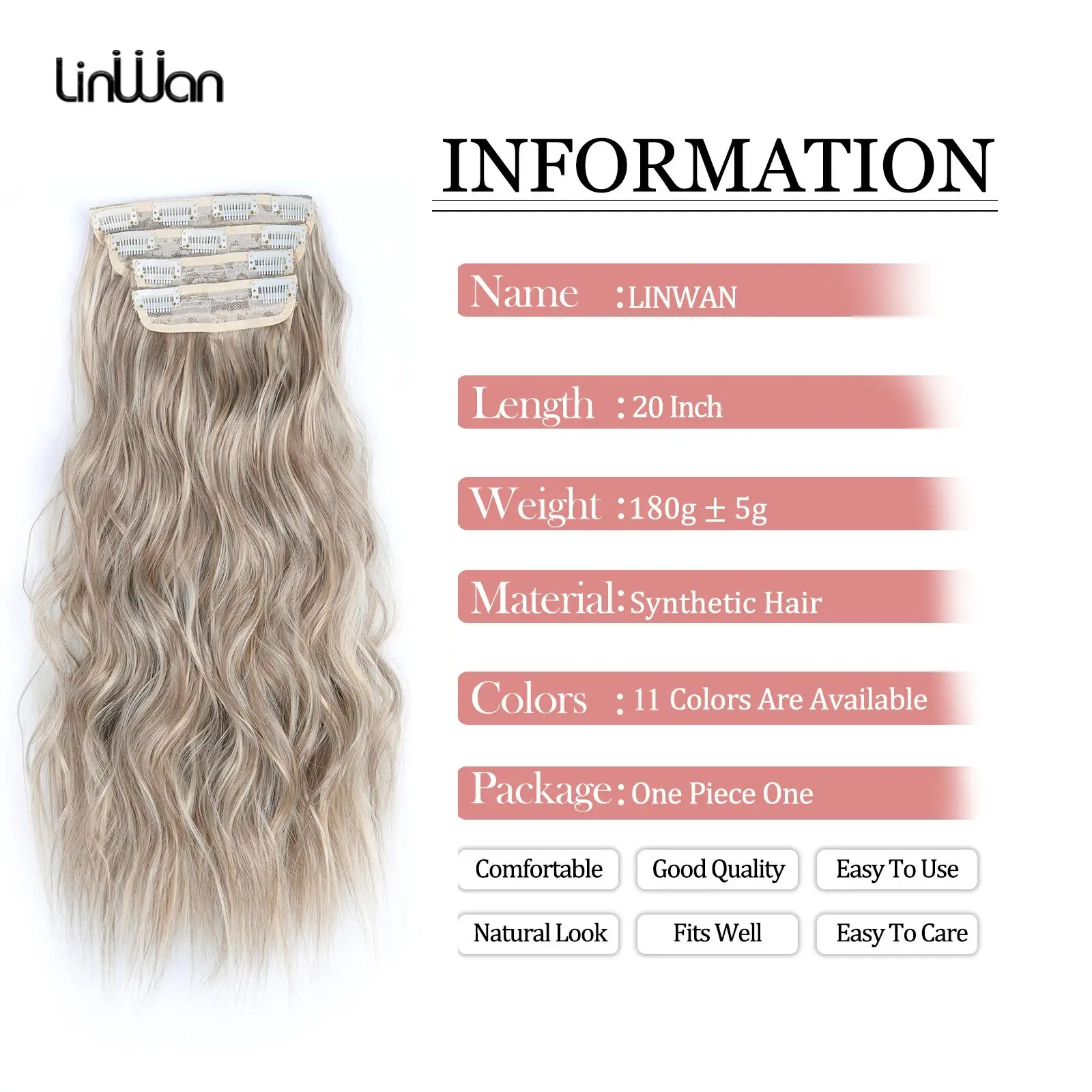 linwan Clip In Hair Extensions 4 PCS Full Head 20 Inch Long Curly Wavy Synthetic Hair Pieces Natural Wavy For Women Girls Hair