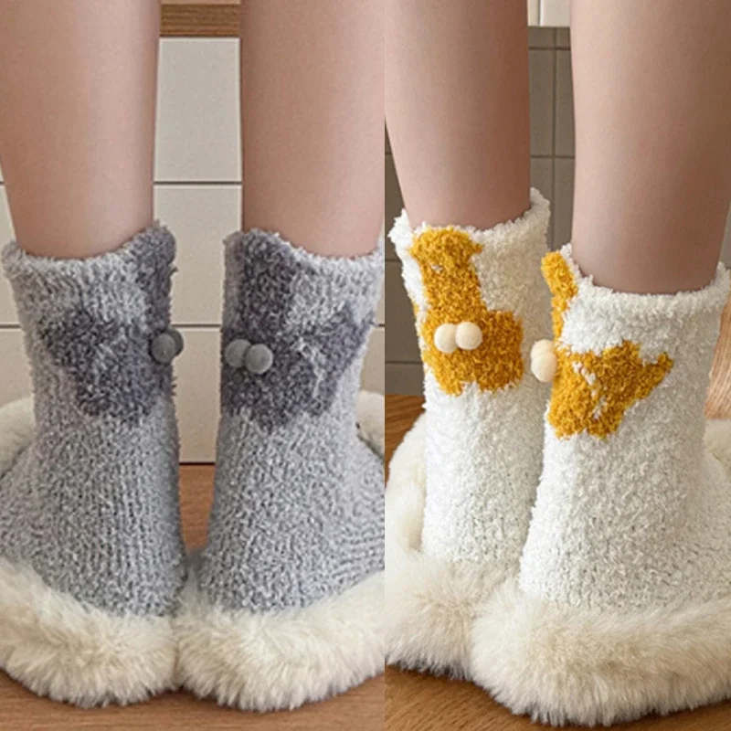 

Бархатные носки кораллового цвета с изображением кота, забавные плюшевые теплые толстые носки для сна для женщин и девочек, осень-зима, домашний пол, уютные средние носки-трубы