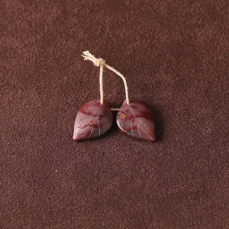 

Mookite Jasper Leaf-Shaped Beads: Pair of Red-Hued Natural Stone Charms for Handmade Jewelry, Earthy Artistry 21x15x4mm -3.7g