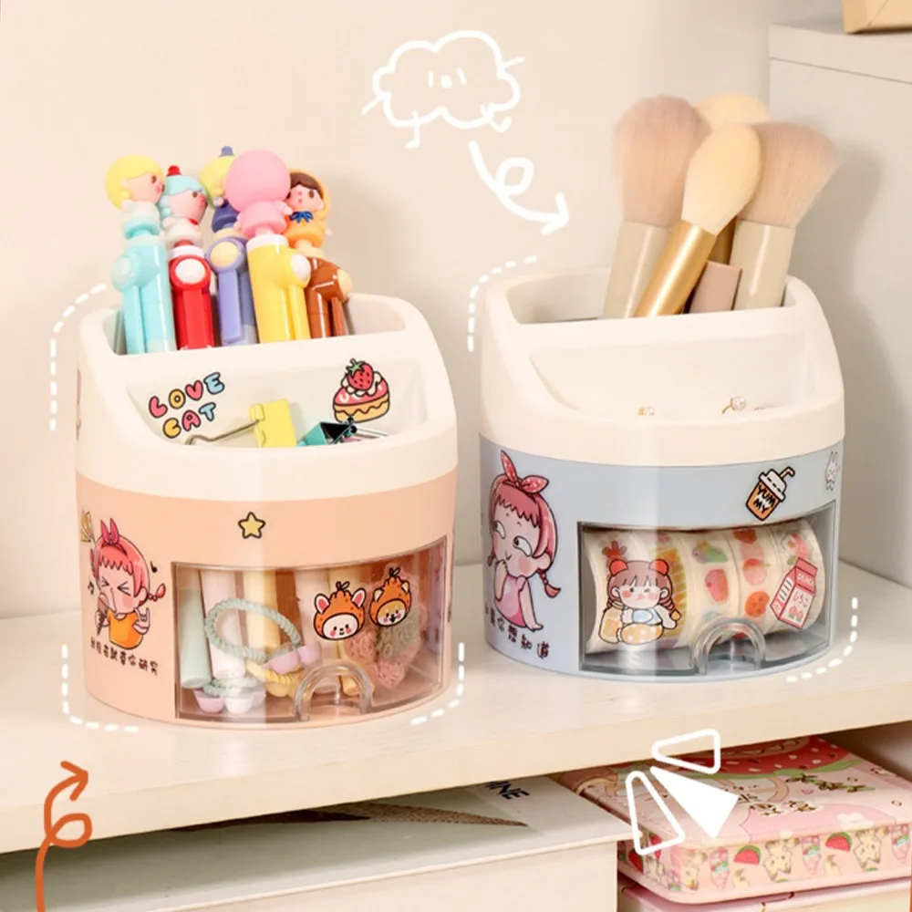 Multi Grid Large Capacity Pen Holder Multifunctional Pencil Case Storage Box Desktop Cartoon Stationery Organizer